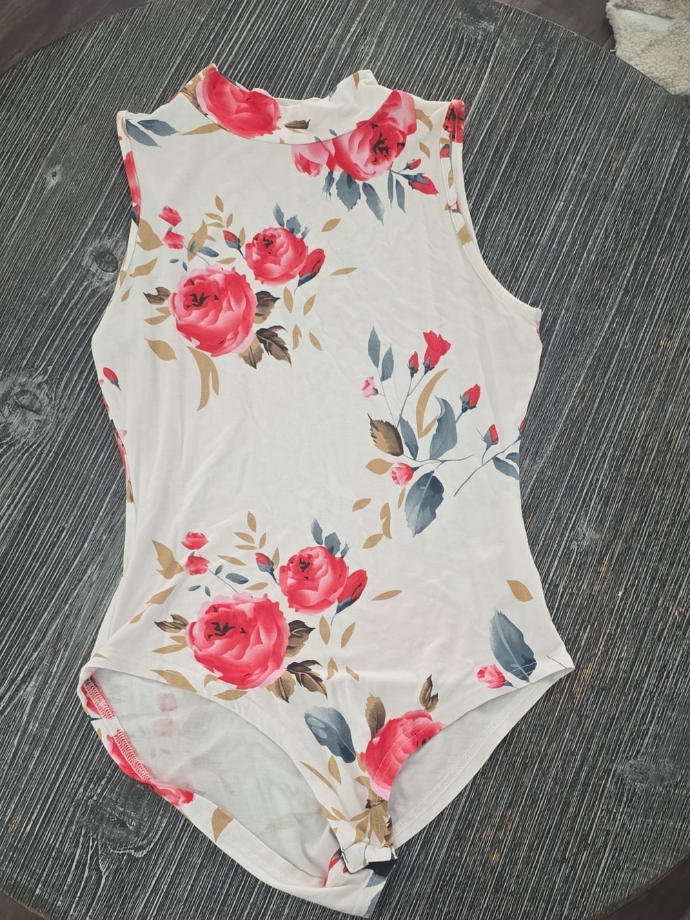 Floral High-Neck Sleeveless Bodysuit in Cream and Pink